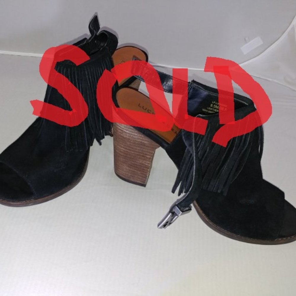 Lucky Brand "Liennah" Black Suede Fringed Heels